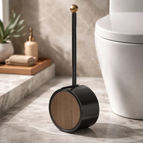 Cepillo de inodoro de pared sin perforar, desmontable, con mango largo y diseño de veta de madera